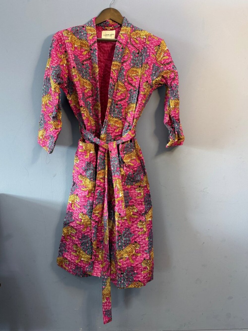 Eleanor James Kantha Wrap Robe Pink Leopard Print Shawl Collar Size M